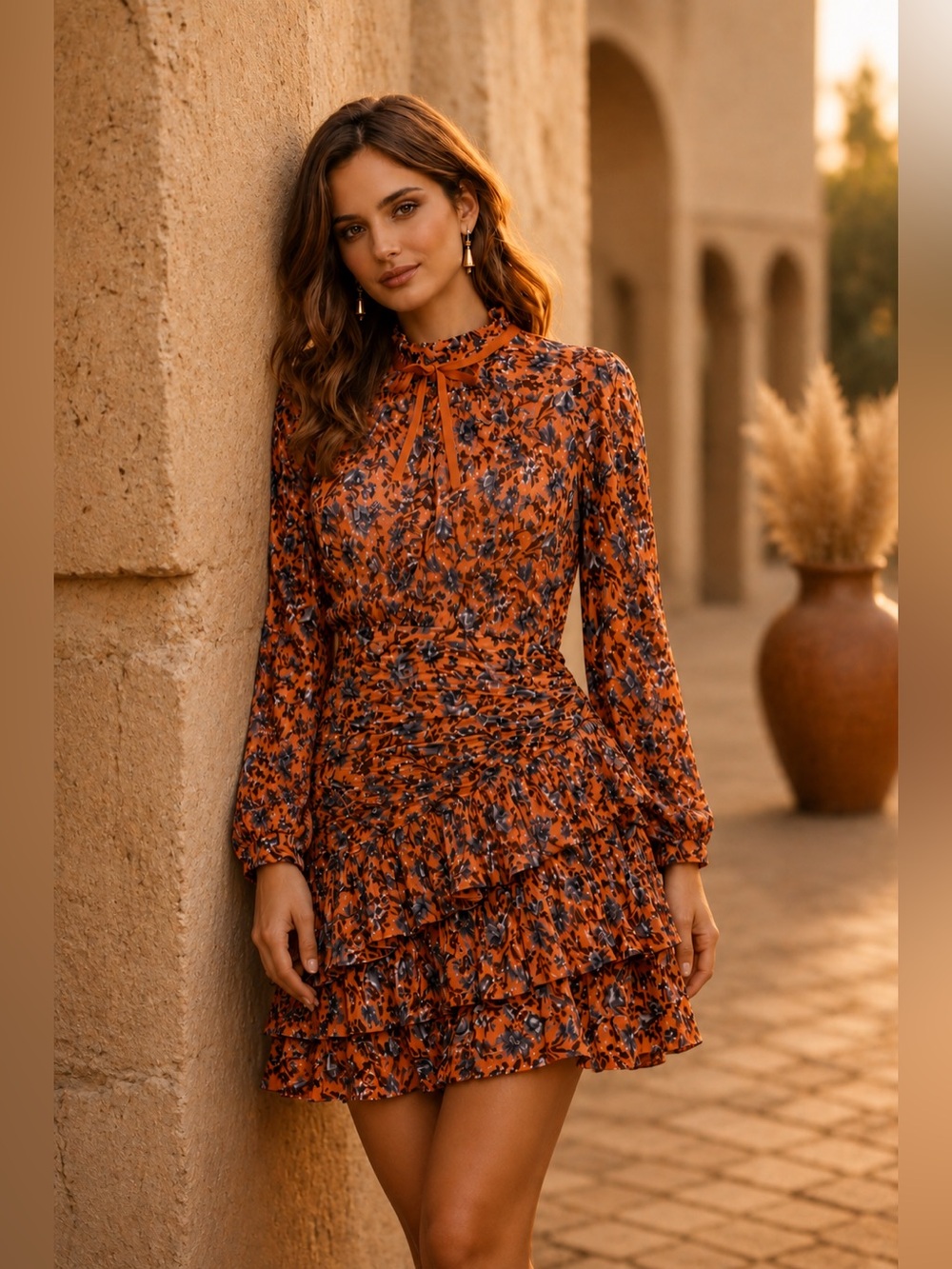 ULLA JOHNSON Marielle Mini Dress Rosewood sz: 4 S Long Sleeve Ruffle Orange Blue